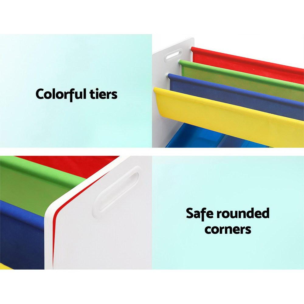 Keezi Kids Bookcase featuring three shelves and six colorful removable storage boxes, designed for children's books and toy organization.